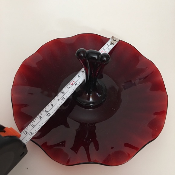 Vintage art Deco Cranberry Glass Candy Dish Wavy Edging with Handle Trinket Tray - Picture 3 of 11